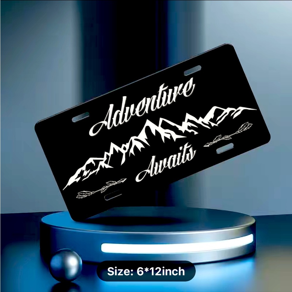 Adventure Awaits Mountains Patterned Aluminum Metal License Plate